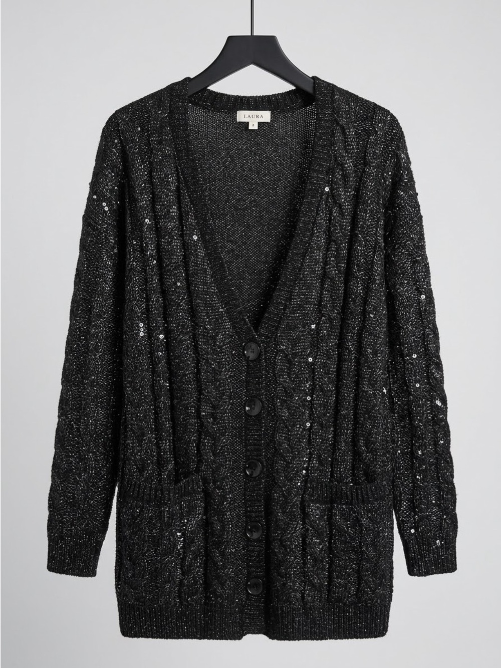 LAURA Charcoal Silver Metallic Cable Knit Sequin Cardigan Sweater/ Size Small